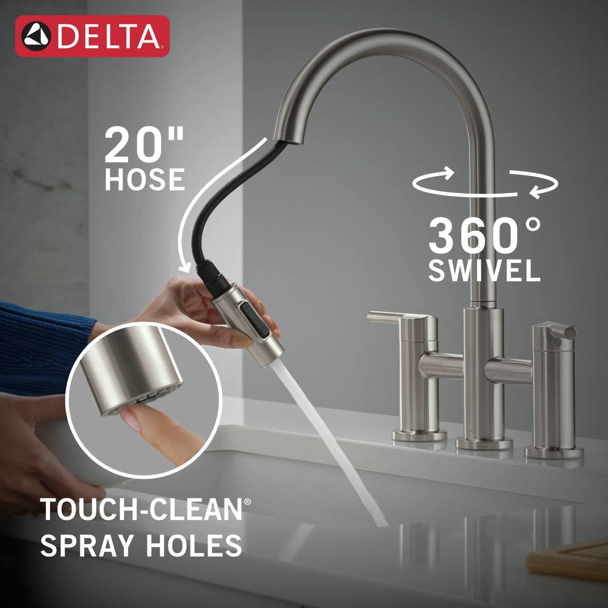 DELTA Nicoli Two Handle Pull-Down Bridge Kitchen Faucet — Stainless