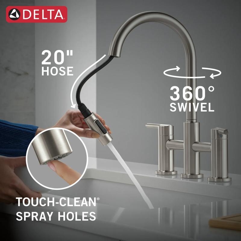 DELTA Nicoli Two Handle Pull-Down Bridge Kitchen Faucet — Stainless