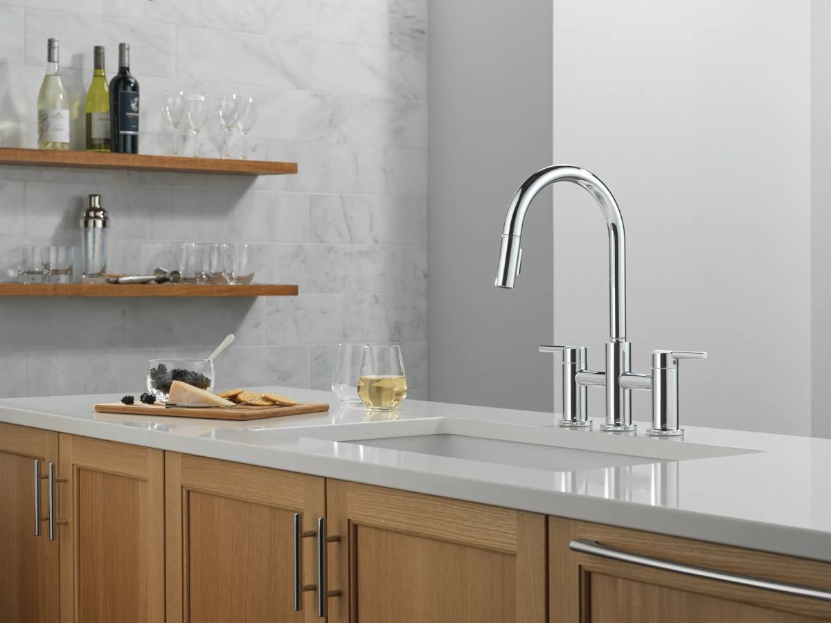 DELTA Nicoli Two Handle Pull-Down Bridge Kitchen Faucet — Chrome