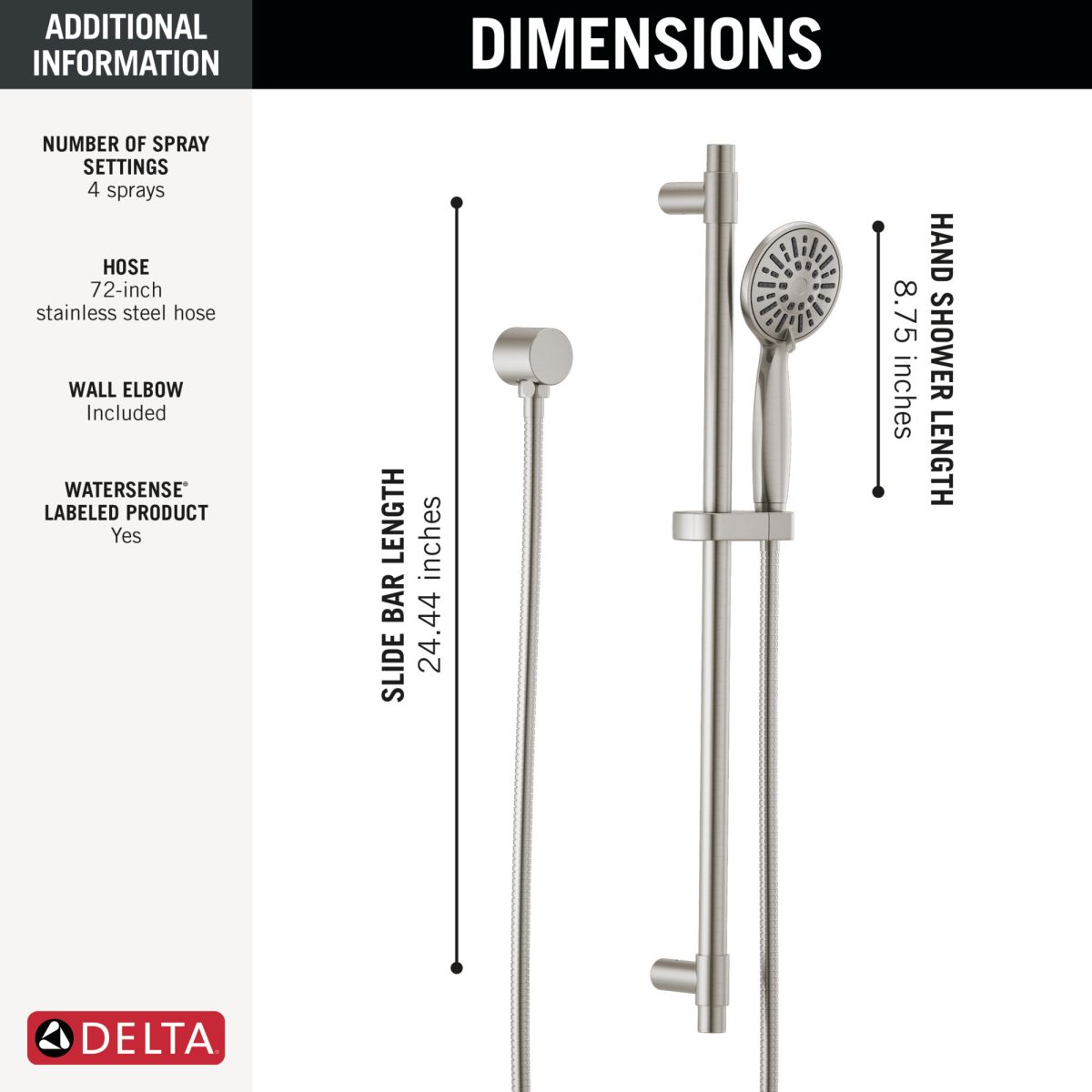 DELTA Universal Showering Components Hand Shower 1.75 GPM w/Slide Bar 4S — Stainless
