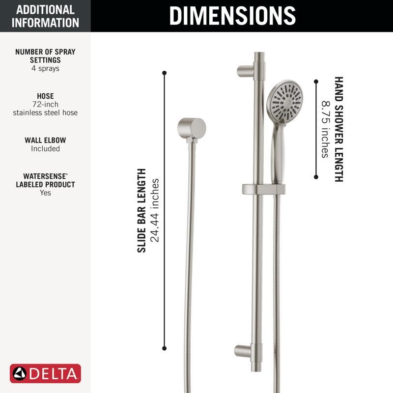DELTA Universal Showering Components Hand Shower 1.75 GPM w/Slide Bar 4S — Stainless