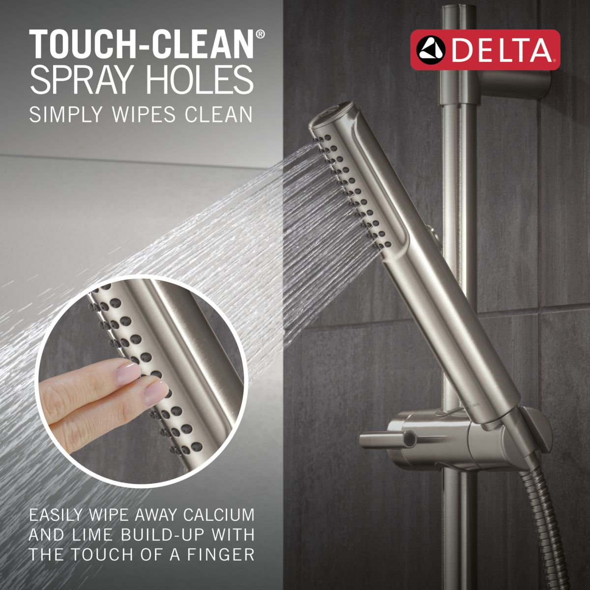 DELTA Universal Showering Components 2-Setting Hand Shower with ProClean Spray – Slide Bar Mount — Lumicoat® Stainless