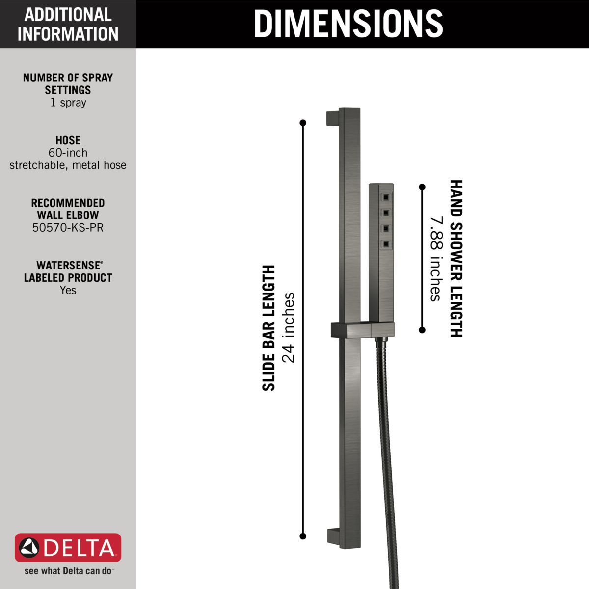 DELTA Universal Showering Components H2OKINETIC Single-Setting Slide Bar Hand Shower — Lumicoat® Black Stainless