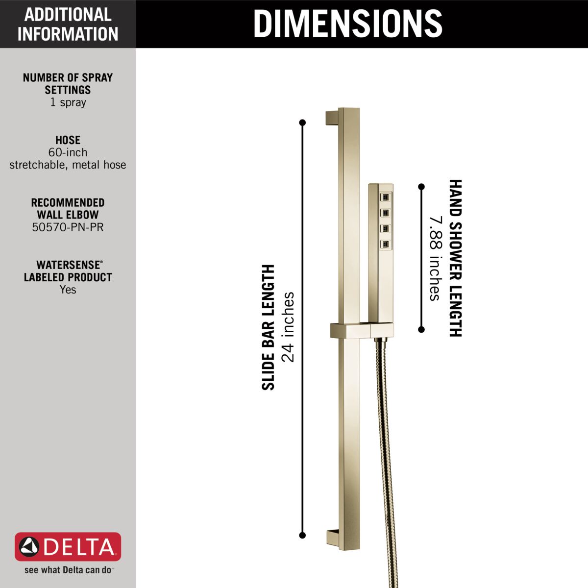 DELTA Universal Showering Components H2OKINETIC Single-Setting Slide Bar Hand Shower — Lumicoat® Polished Nickel