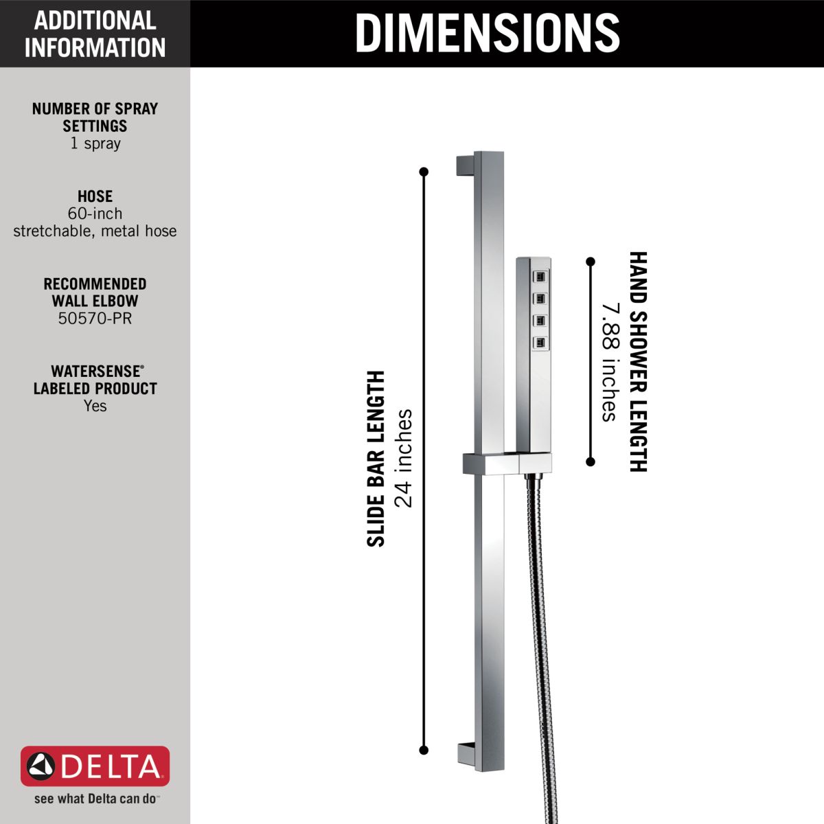 DELTA Universal Showering Components H2OKINETIC Single-Setting Slide Bar Hand Shower — Lumicoat® Chrome