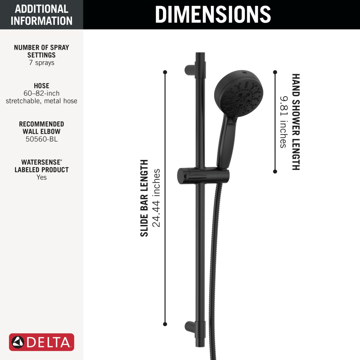 DELTA Universal Showering Components 7-Setting Slide Bar Hand Shower with Cleaning Spray — Matte Black