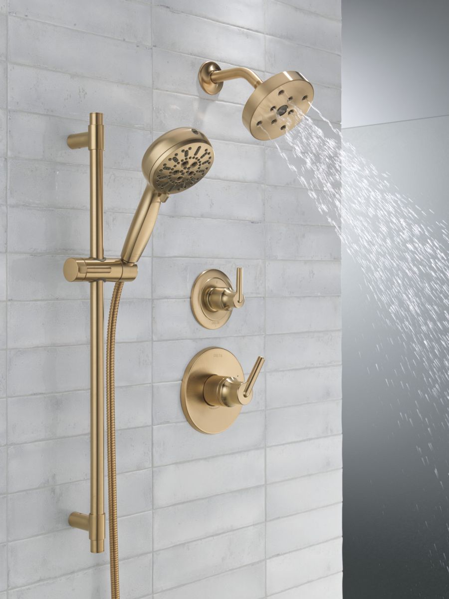 DELTA Universal Showering Components 7-Setting Slide Bar Hand Shower with Cleaning Spray — Lumicoat® Champagne Bronze