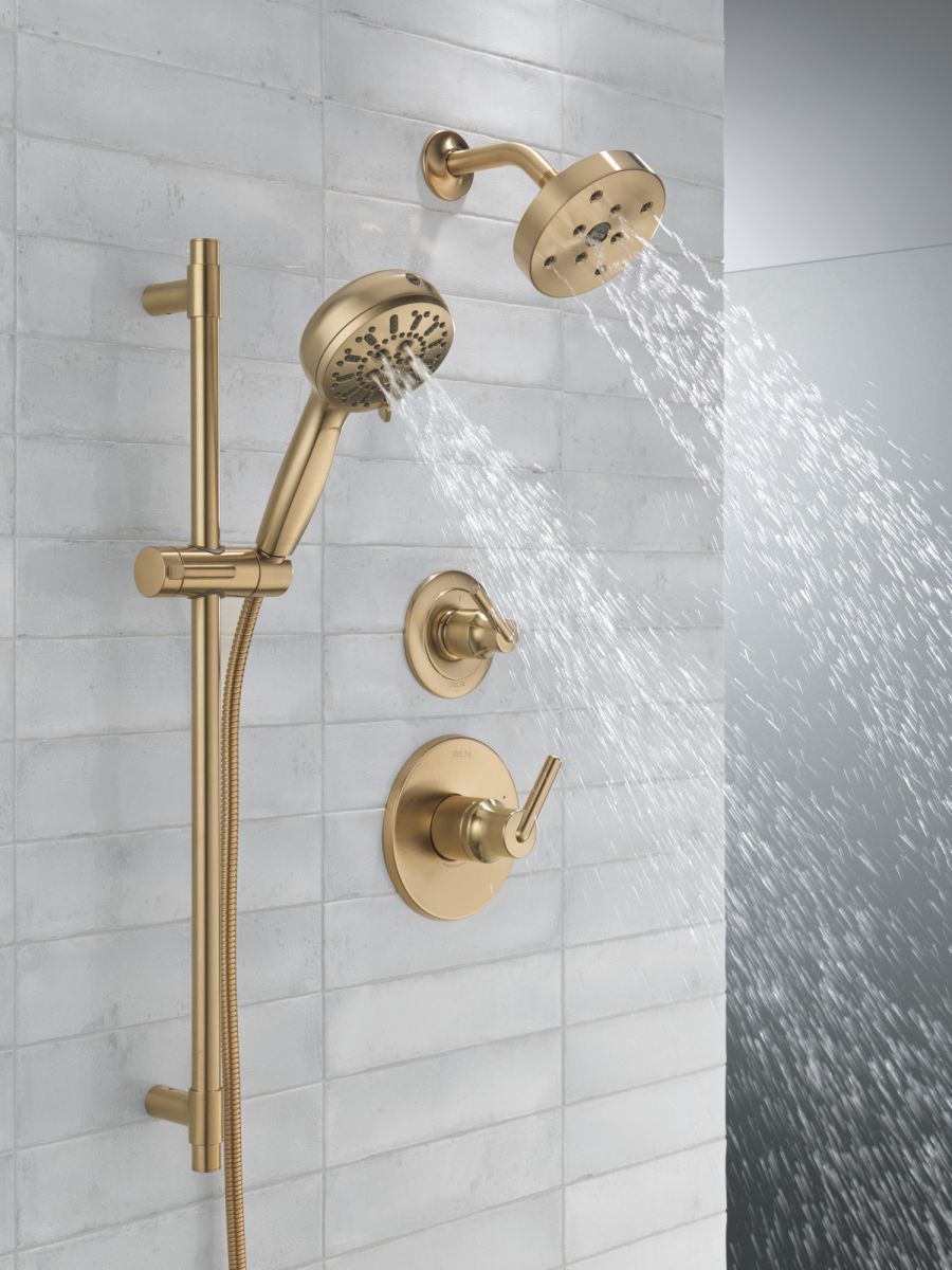 DELTA Universal Showering Components 7-Setting Slide Bar Hand Shower with Cleaning Spray — Lumicoat® Champagne Bronze