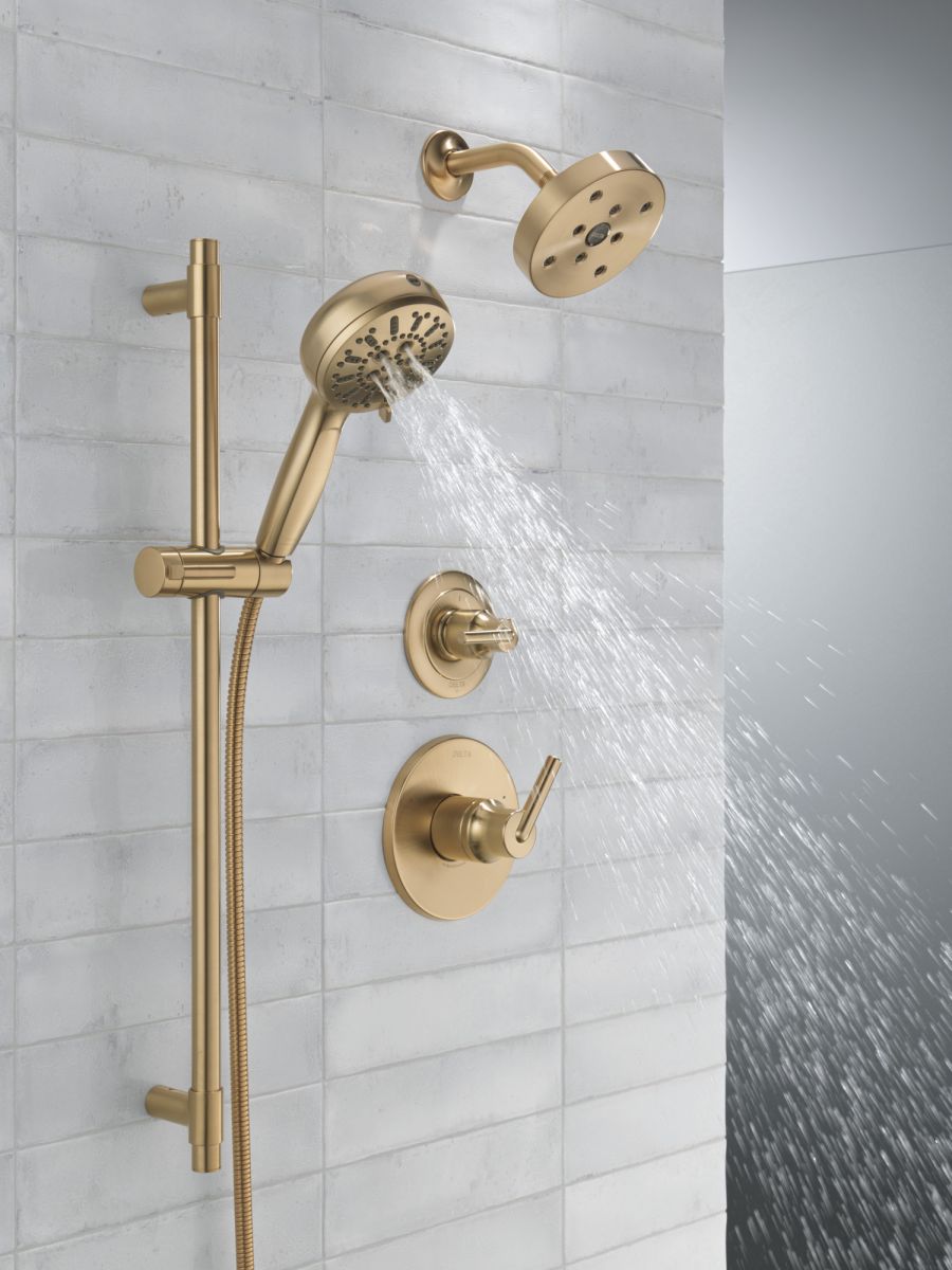 DELTA Universal Showering Components 7-Setting Slide Bar Hand Shower with Cleaning Spray — Lumicoat® Champagne Bronze