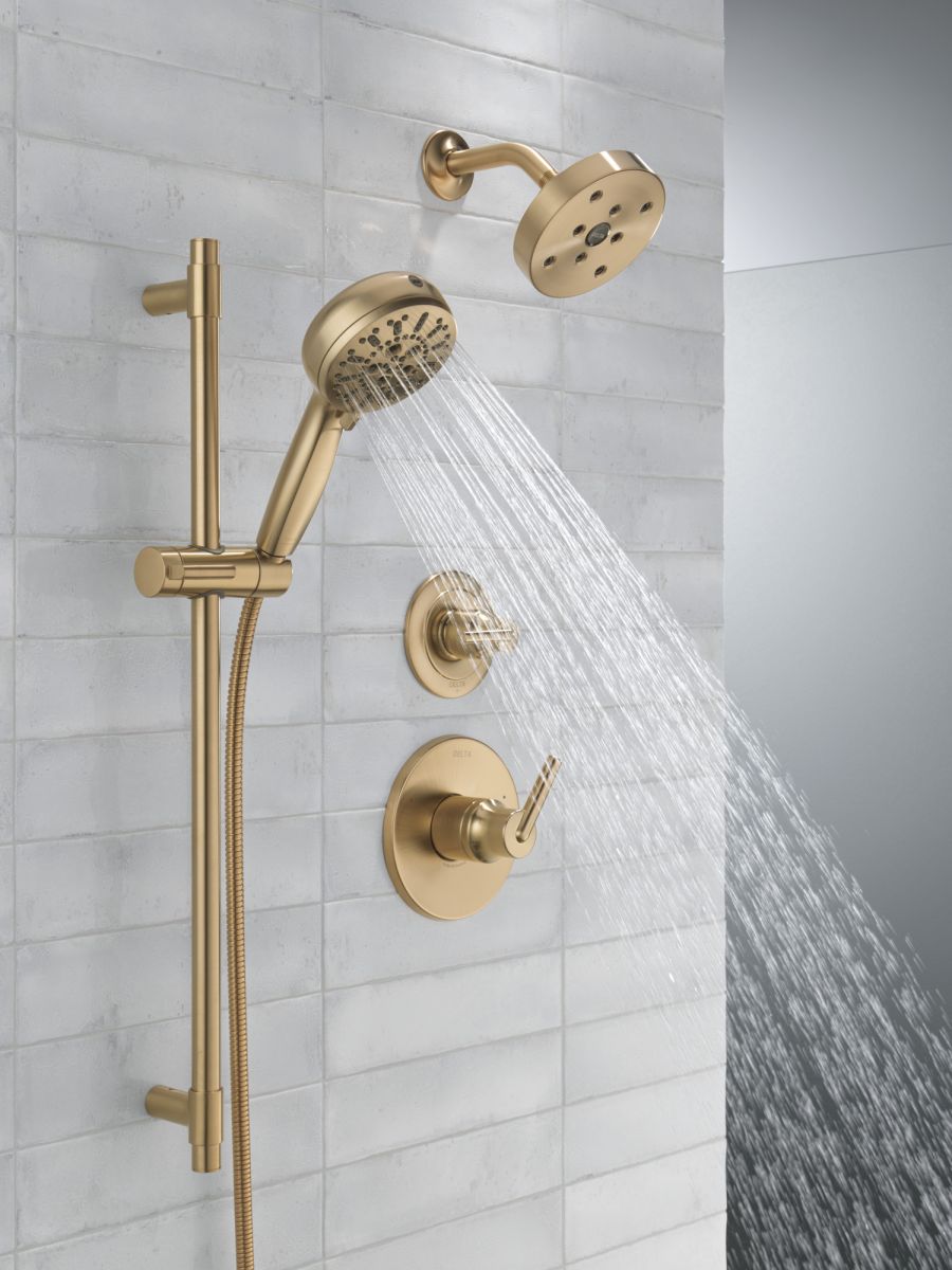 DELTA Universal Showering Components 7-Setting Slide Bar Hand Shower with Cleaning Spray — Lumicoat® Champagne Bronze