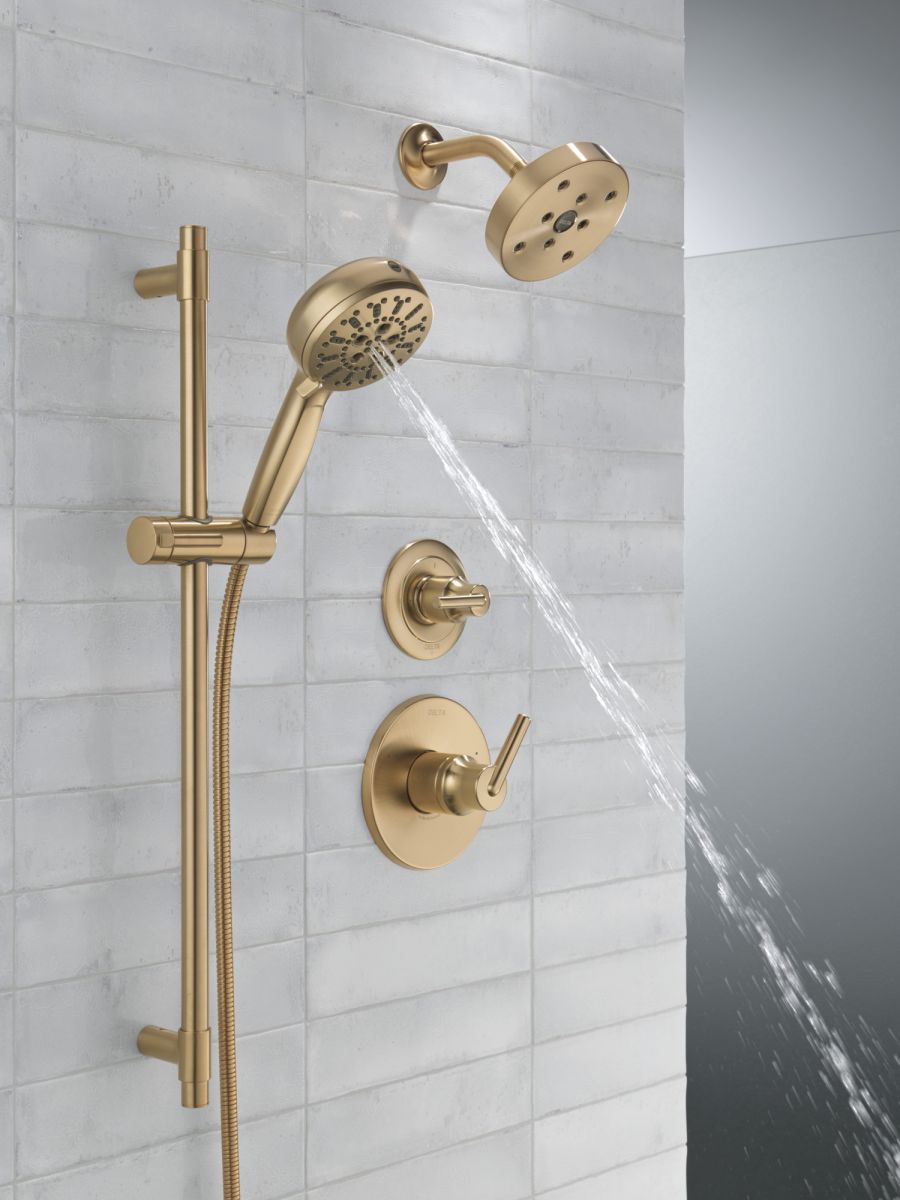DELTA Universal Showering Components 7-Setting Slide Bar Hand Shower with Cleaning Spray — Lumicoat® Champagne Bronze