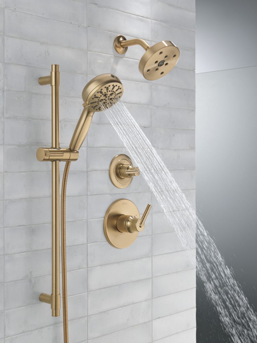 DELTA Universal Showering Components 7-Setting Slide Bar Hand Shower with Cleaning Spray — Lumicoat® Champagne Bronze