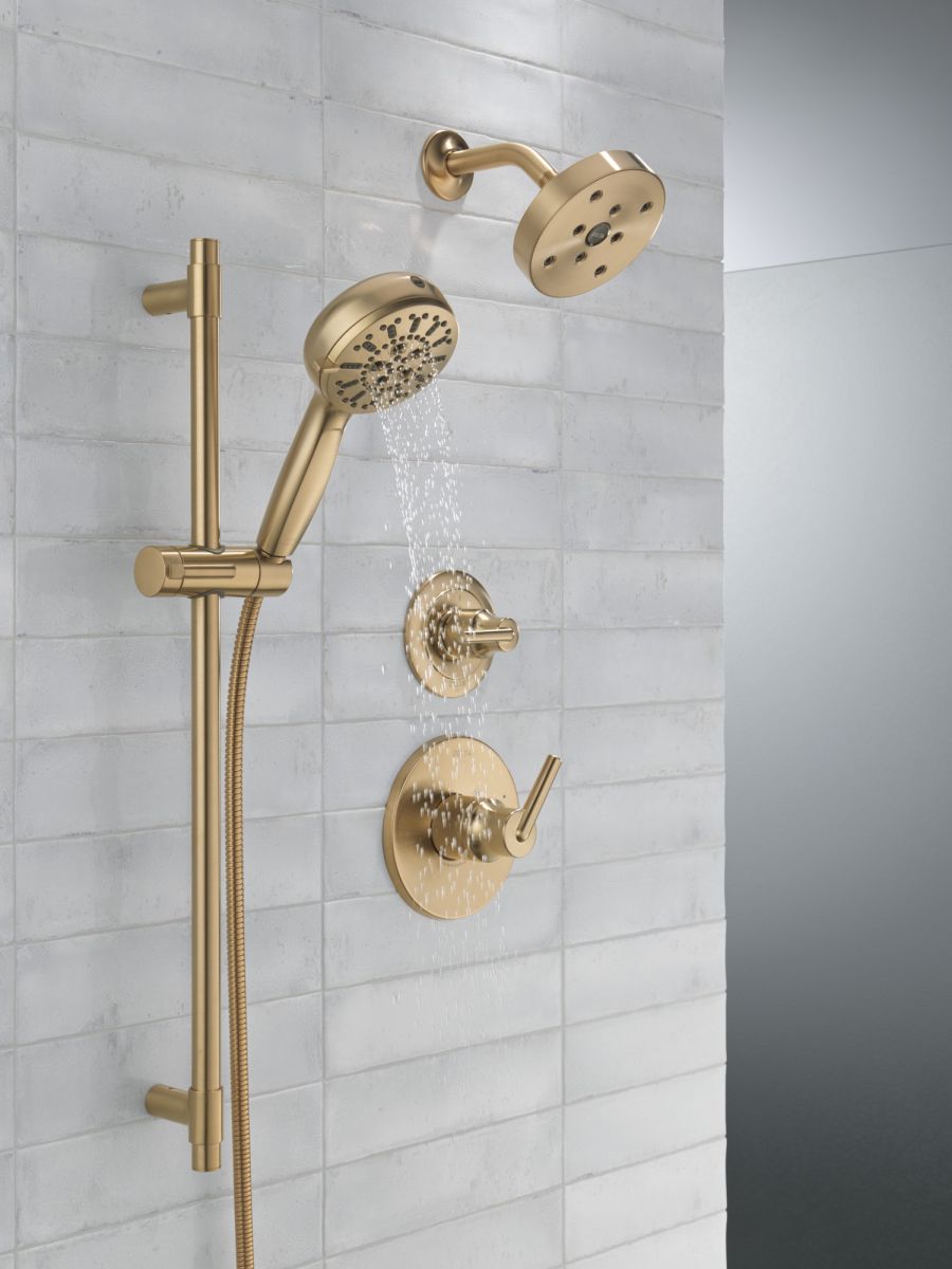 DELTA Universal Showering Components 7-Setting Slide Bar Hand Shower with Cleaning Spray — Lumicoat® Champagne Bronze