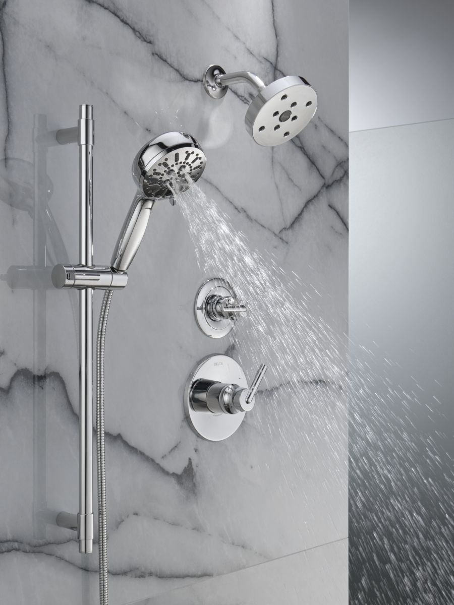 DELTA Universal Showering Components 7-Setting Slide Bar Hand Shower with Cleaning Spray — Lumicoat® Chrome