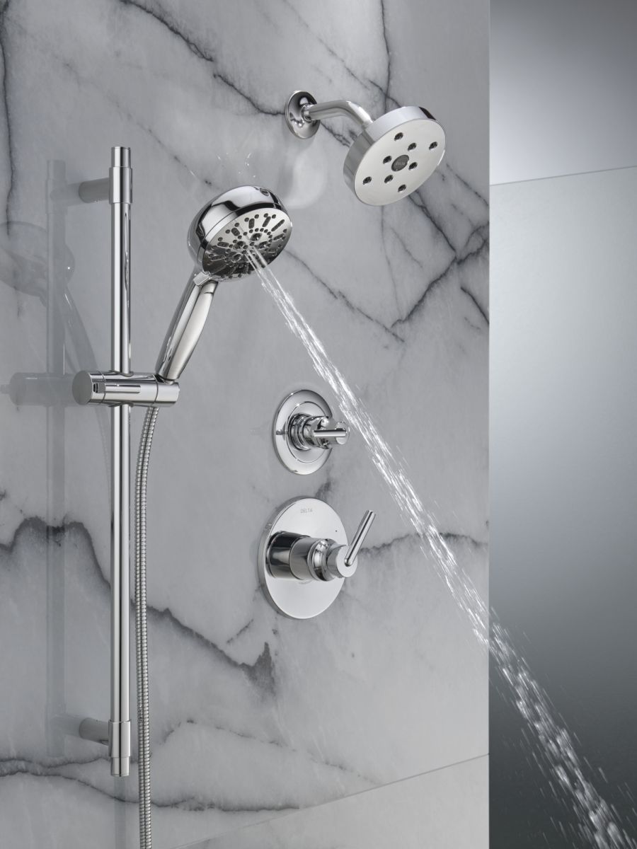 DELTA Universal Showering Components 7-Setting Slide Bar Hand Shower with Cleaning Spray — Lumicoat® Chrome