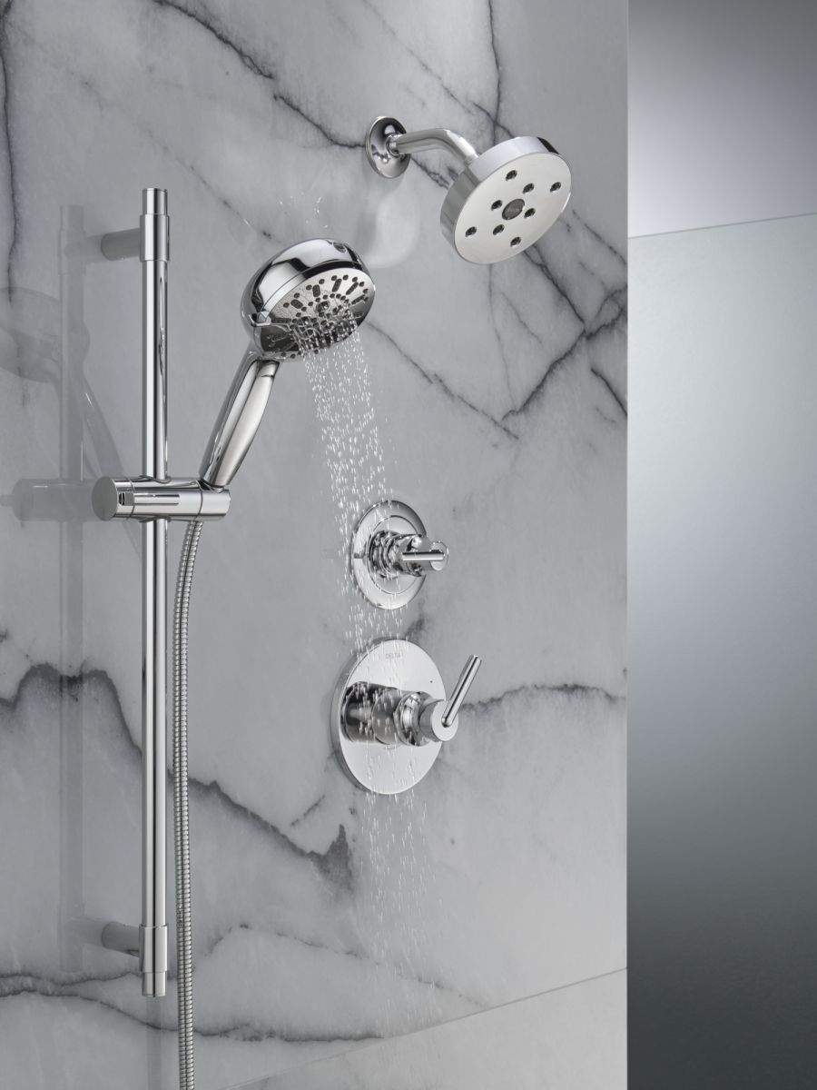 DELTA Universal Showering Components 7-Setting Slide Bar Hand Shower with Cleaning Spray — Lumicoat® Chrome