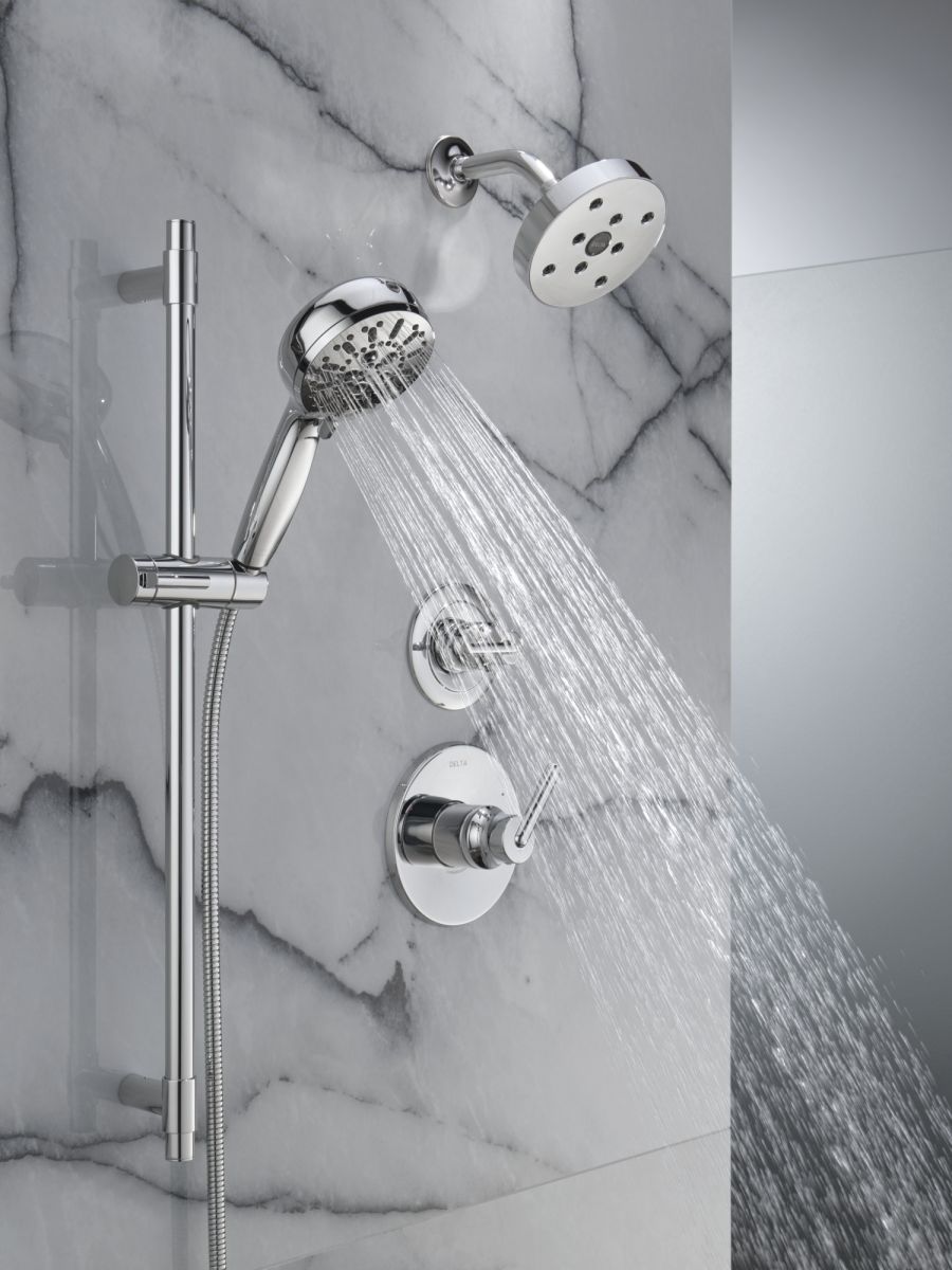 DELTA Universal Showering Components 7-Setting Slide Bar Hand Shower with Cleaning Spray — Lumicoat® Chrome