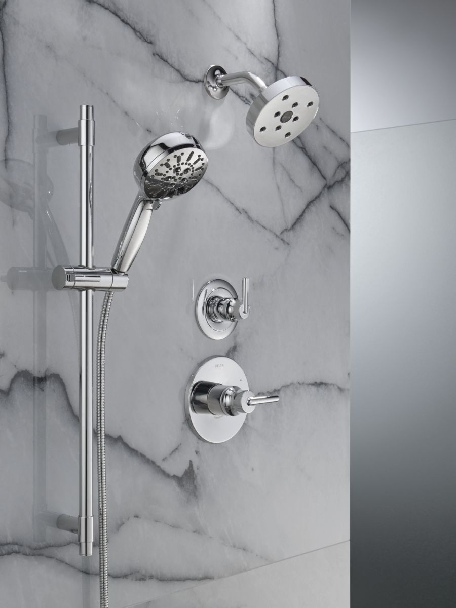 DELTA Universal Showering Components 7-Setting Slide Bar Hand Shower with Cleaning Spray — Lumicoat® Chrome