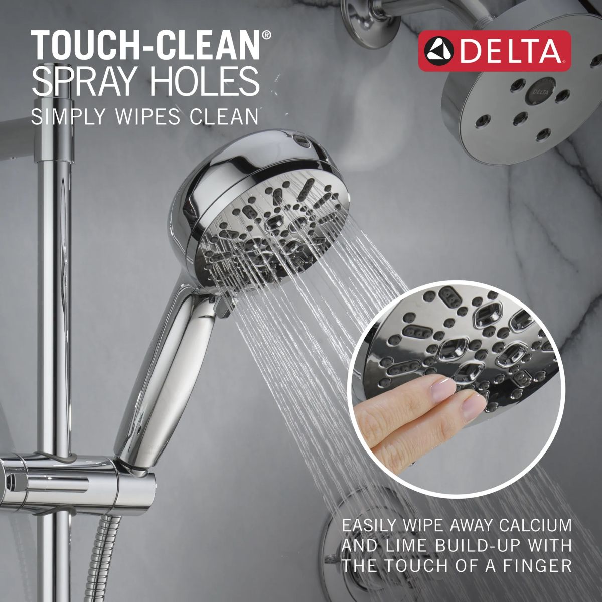 DELTA Universal Showering Components 7-Setting Slide Bar Hand Shower with Cleaning Spray — Lumicoat® Chrome