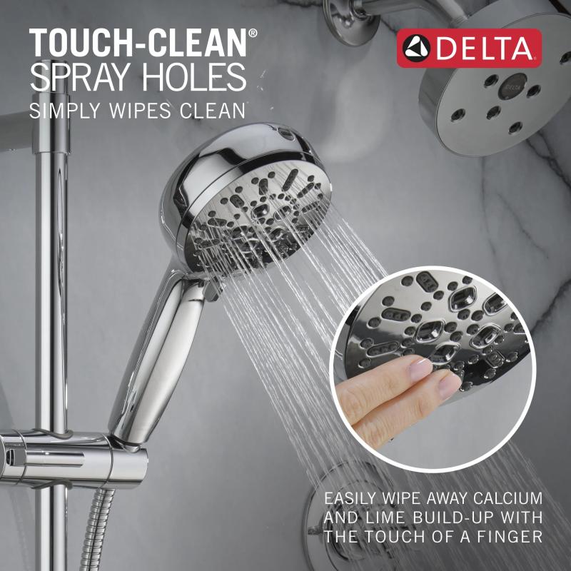 DELTA Universal Showering Components 7-Setting Slide Bar Hand Shower with Cleaning Spray — Lumicoat® Chrome