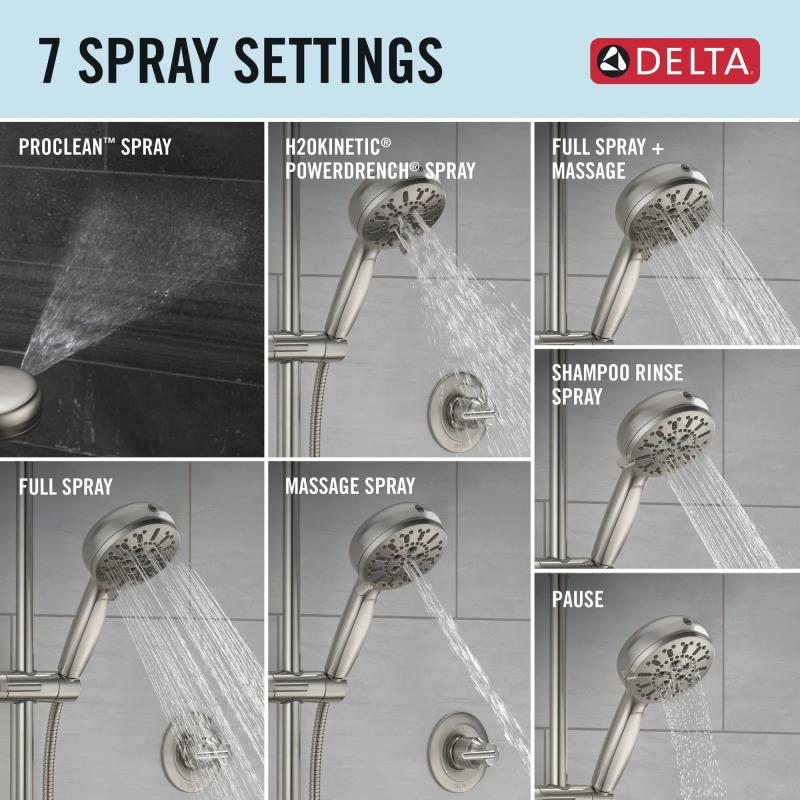 DELTA Universal Showering Components 7-Setting Slide Bar Hand Shower with Cleaning Spray — Lumicoat® Stainless