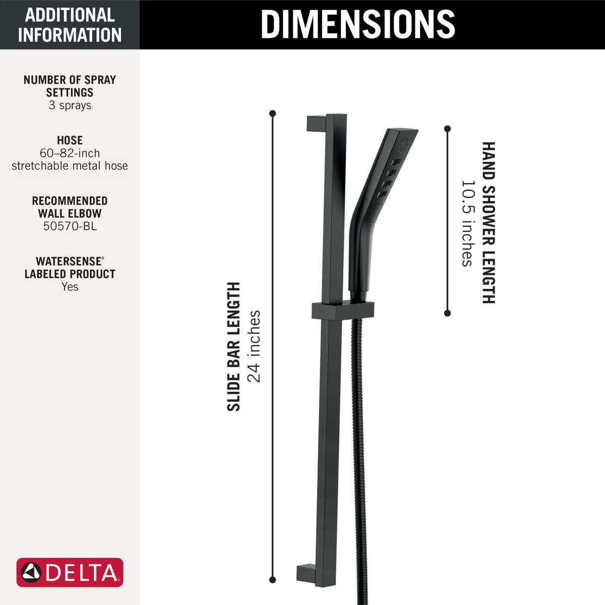 DELTA Universal Showering Components H2OKINETIC 3-Setting Slide Bar Hand Shower — Matte Black