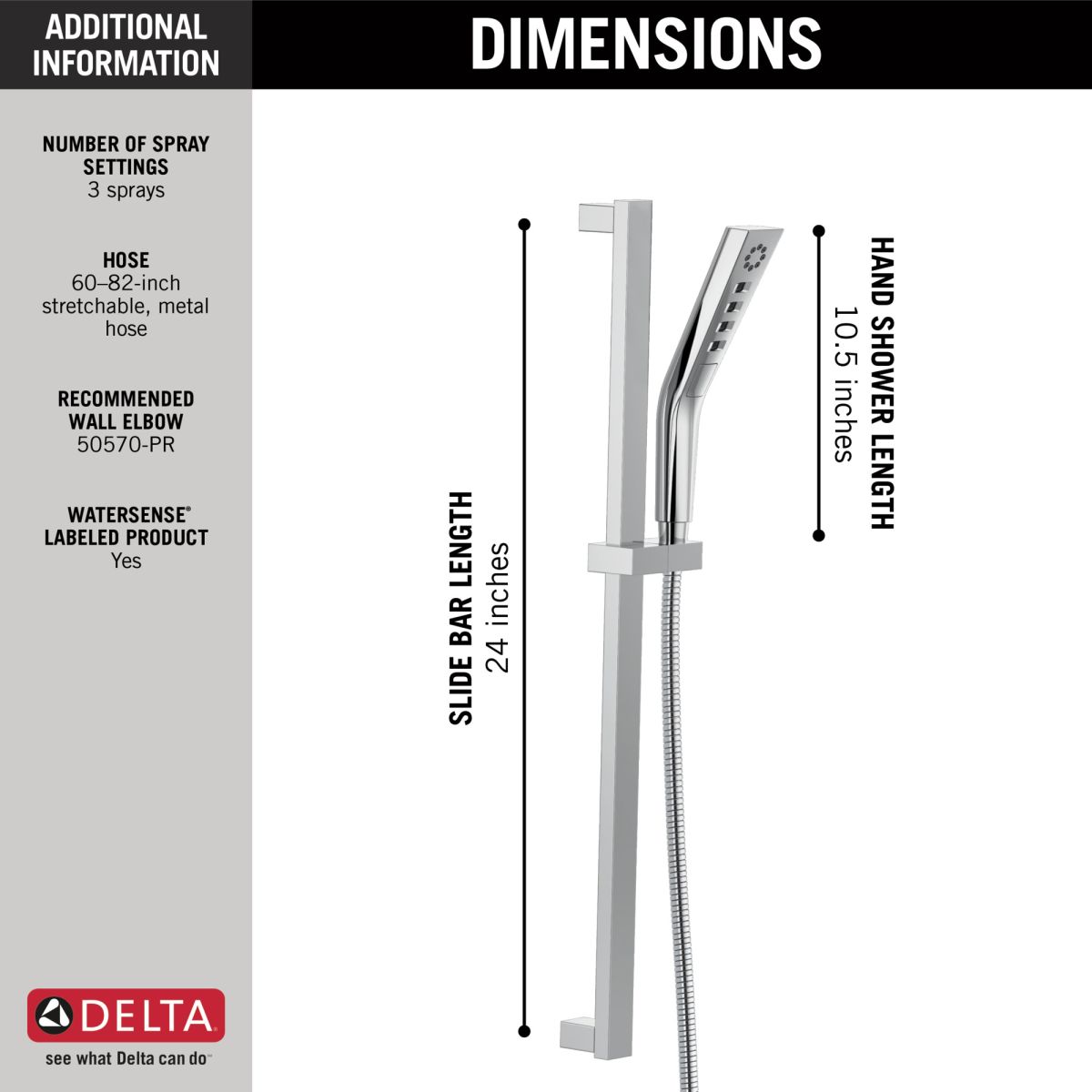 DELTA Universal Showering Components H2OKINETIC 3-Setting Slide Bar Hand Shower — Lumicoat® Chrome
