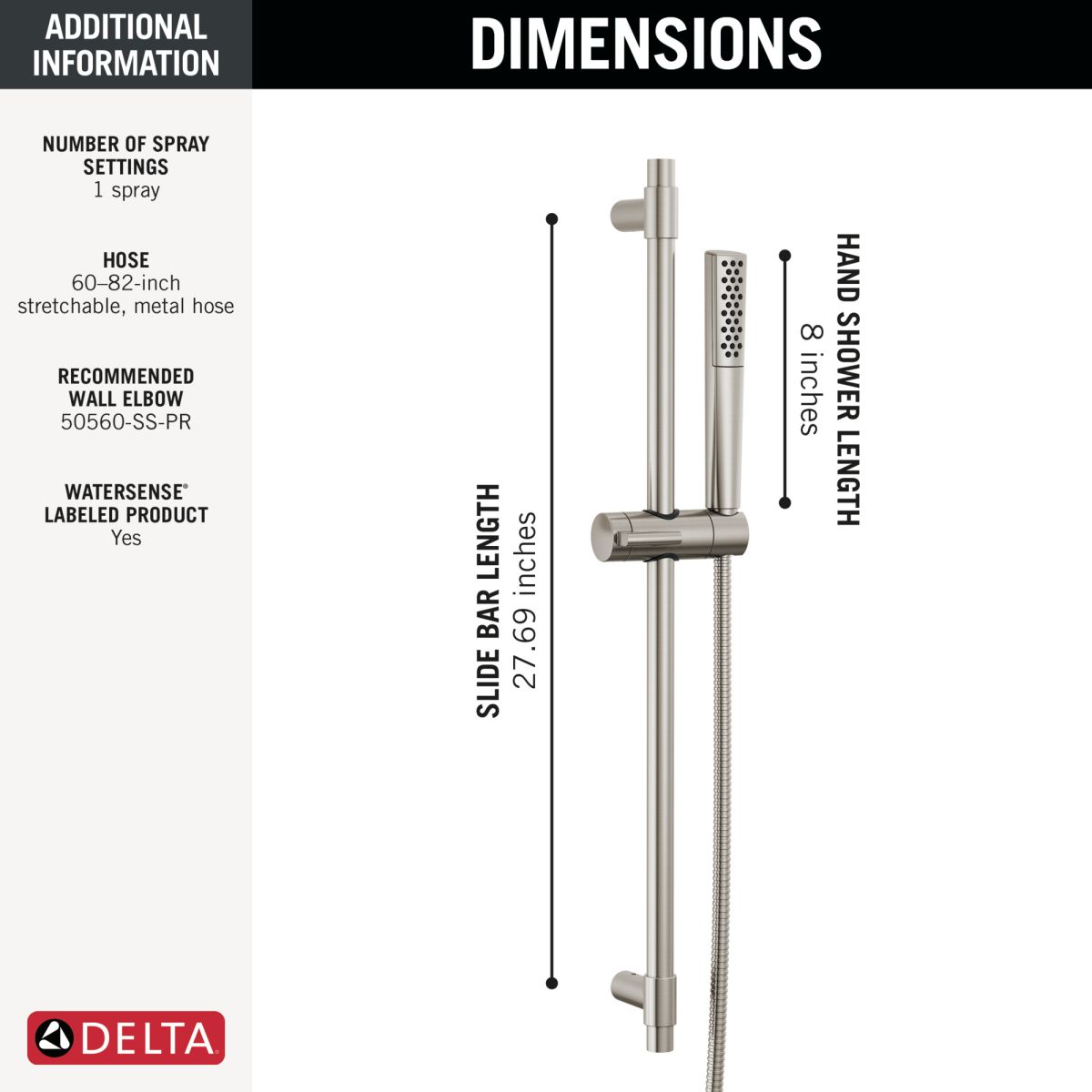 DELTA Universal Showering Components Premium Single-Setting Slide Bar Hand Shower — Lumicoat® Stainless