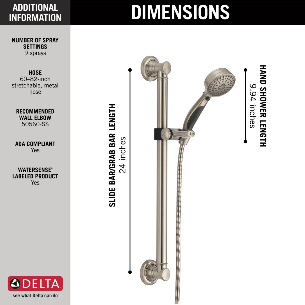 DELTA Universal Showering Components ActivTouch 9-Setting Hand Shower with Traditional Slide Bar / Grab Bar — Stainless