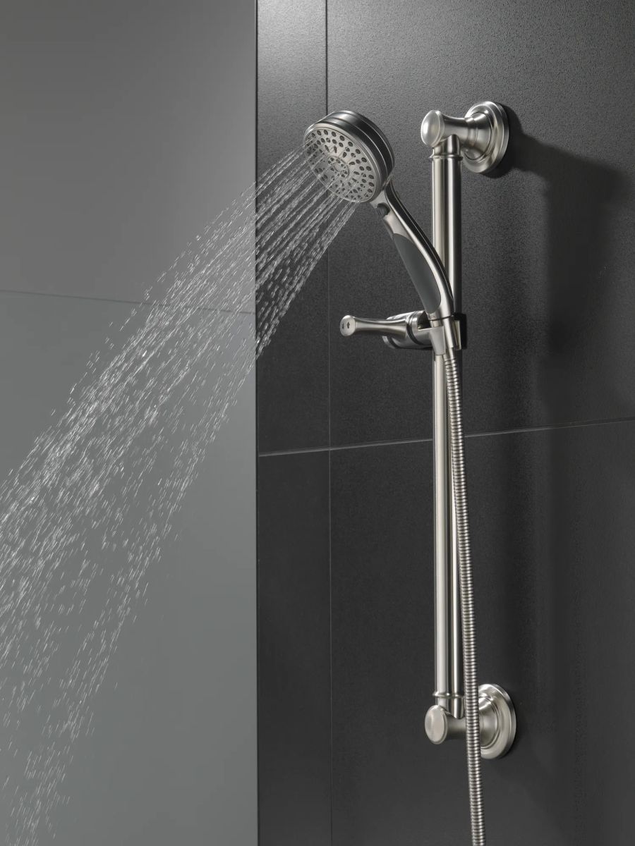 DELTA Universal Showering Components ActivTouch 9-Setting Hand Shower with Traditional Slide Bar / Grab Bar — Stainless