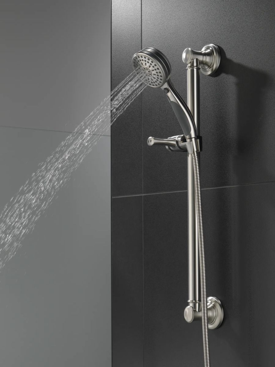 DELTA Universal Showering Components ActivTouch 9-Setting Hand Shower with Traditional Slide Bar / Grab Bar — Stainless