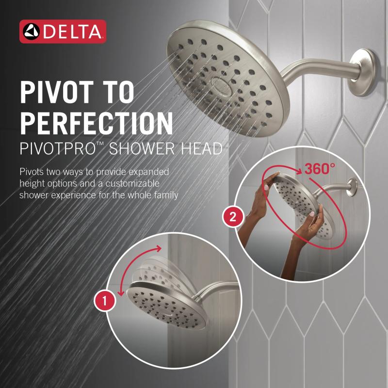 DELTA Universal Showering Components PivotPro Raincan Shower Head — Lumicoat® Stainless