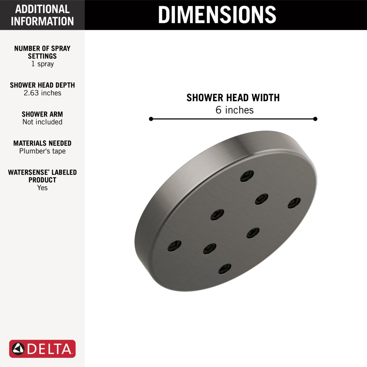 DELTA Universal Showering Components H2Okinetic Single-Setting Metal Raincan Shower Head — Lumicoat® Black Stainless