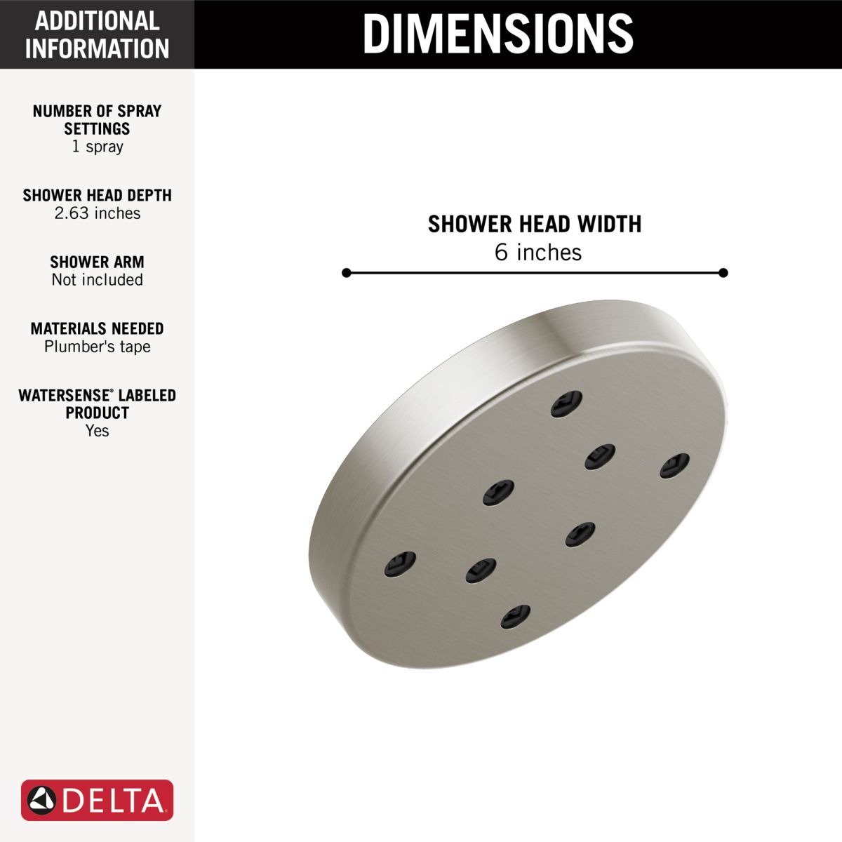 DELTA Universal Showering Components H2Okinetic Single-Setting Metal Raincan Shower Head — Lumicoat® Stainless