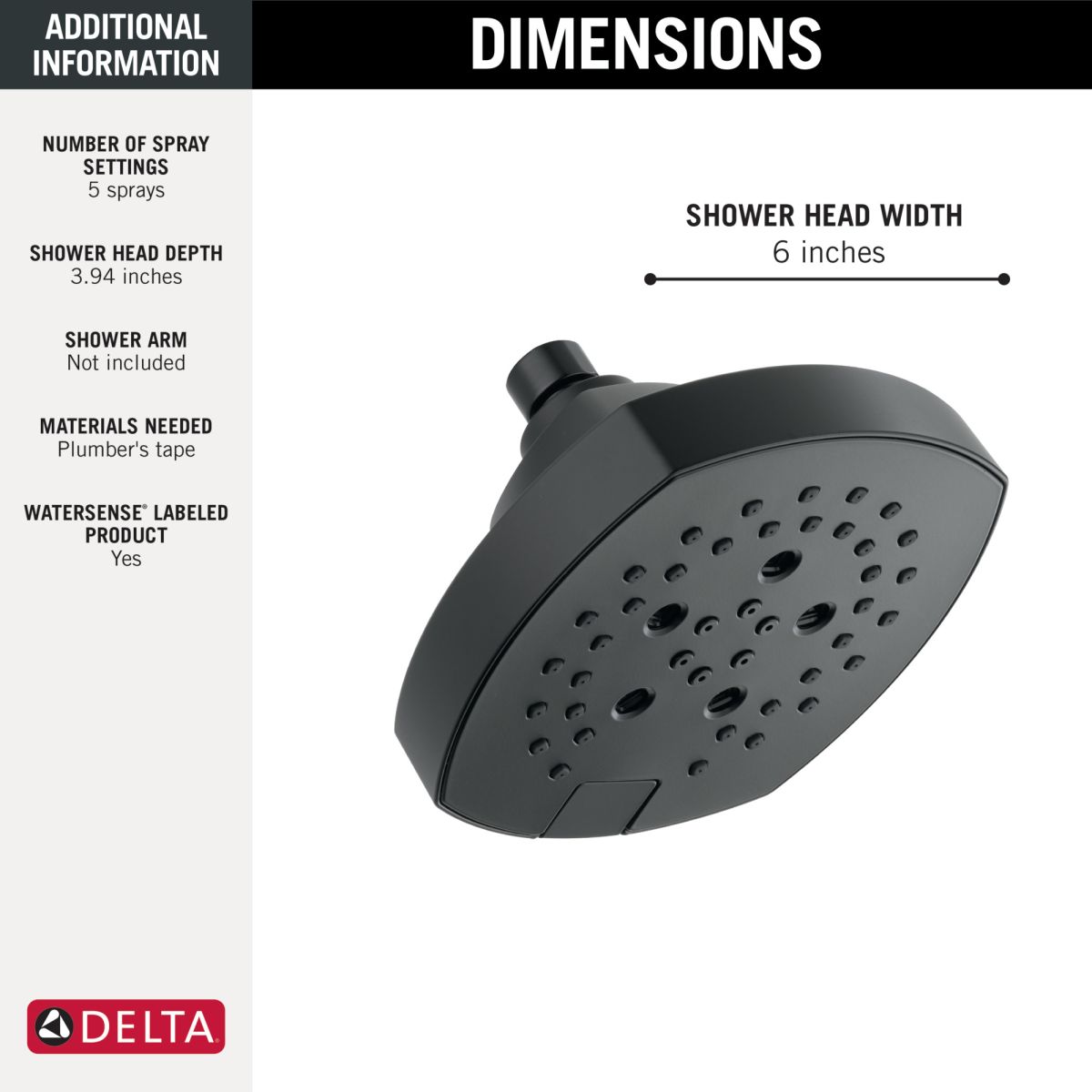 DELTA Universal Showering Components H2OKINETIC 5-Setting  Shower Head — Matte Black