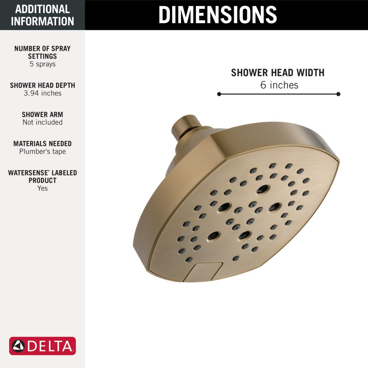 DELTA Universal Showering Components H2OKINETIC 5-Setting  Shower Head — Champagne Bronze