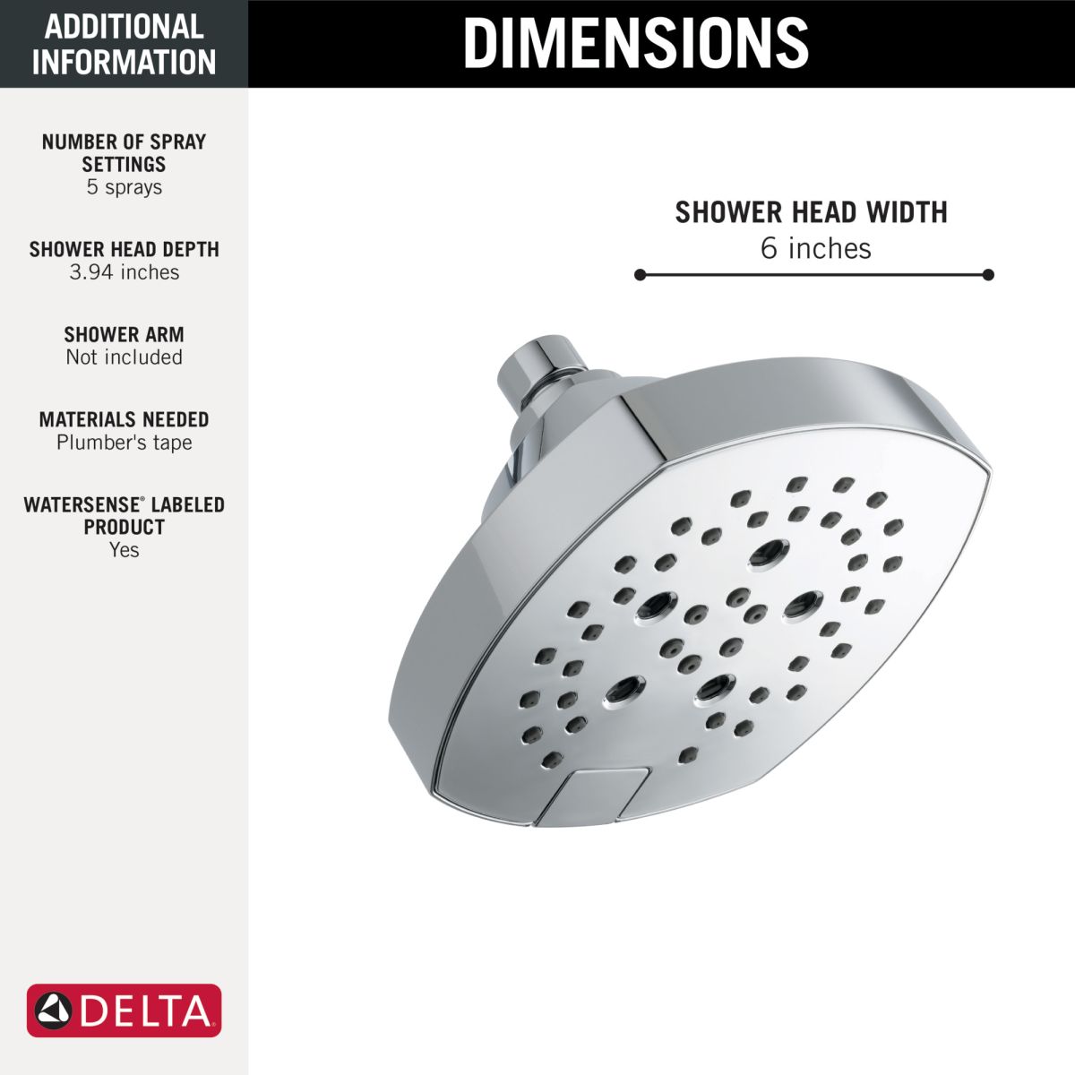DELTA Universal Showering Components H2OKINETIC 5-Setting  Shower Head — Lumicoat® Chrome
