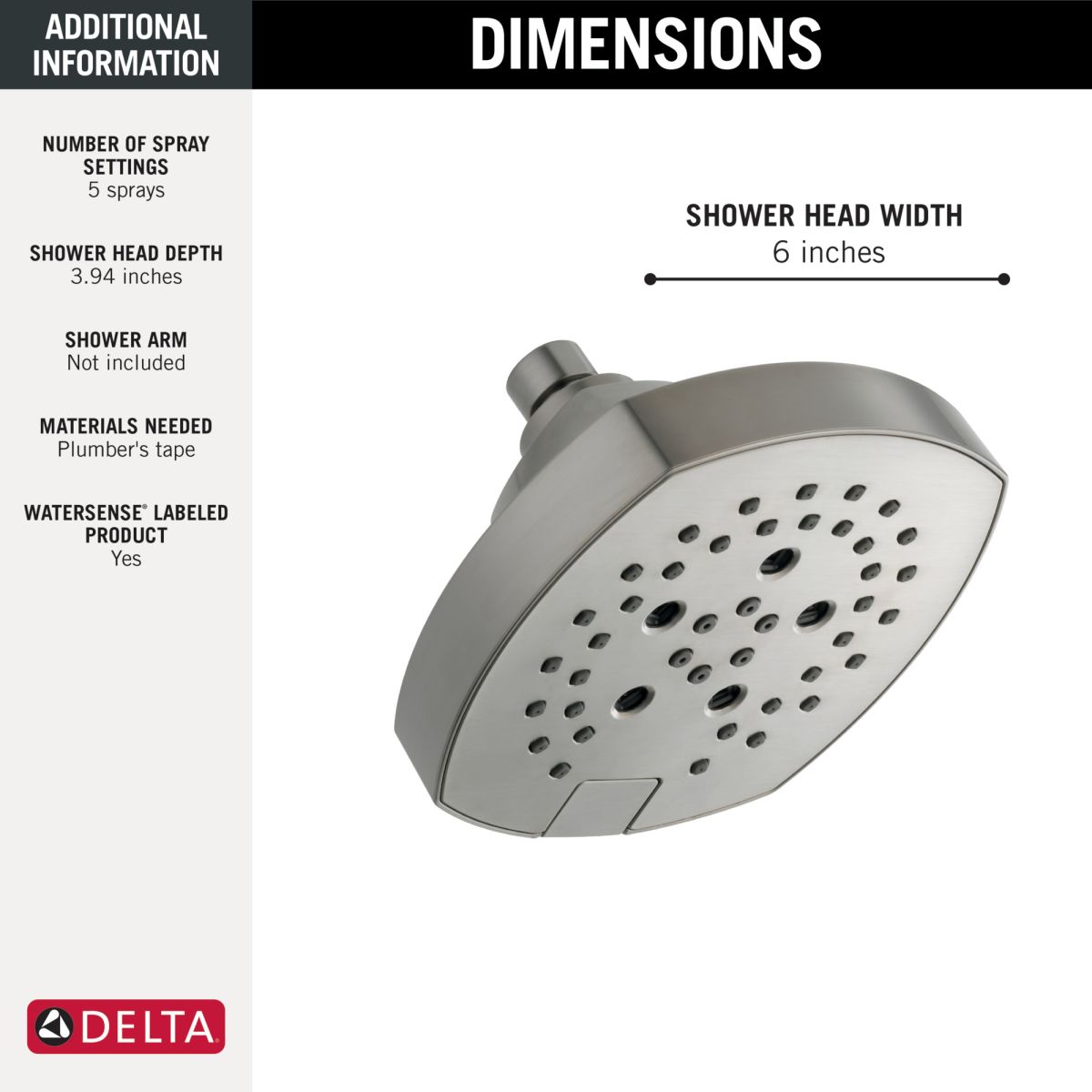 DELTA Universal Showering Components H2OKINETIC 5-Setting  Shower Head — Stainless