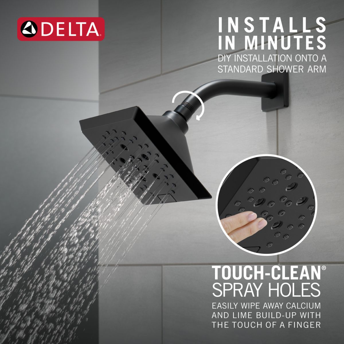 DELTA Universal Showering Components H2OKINETIC 5-Setting Angular Modern Raincan Shower Head — Matte Black