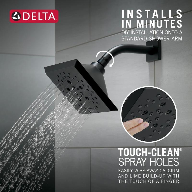 DELTA Universal Showering Components H2OKINETIC 5-Setting Angular Modern Raincan Shower Head — Matte Black