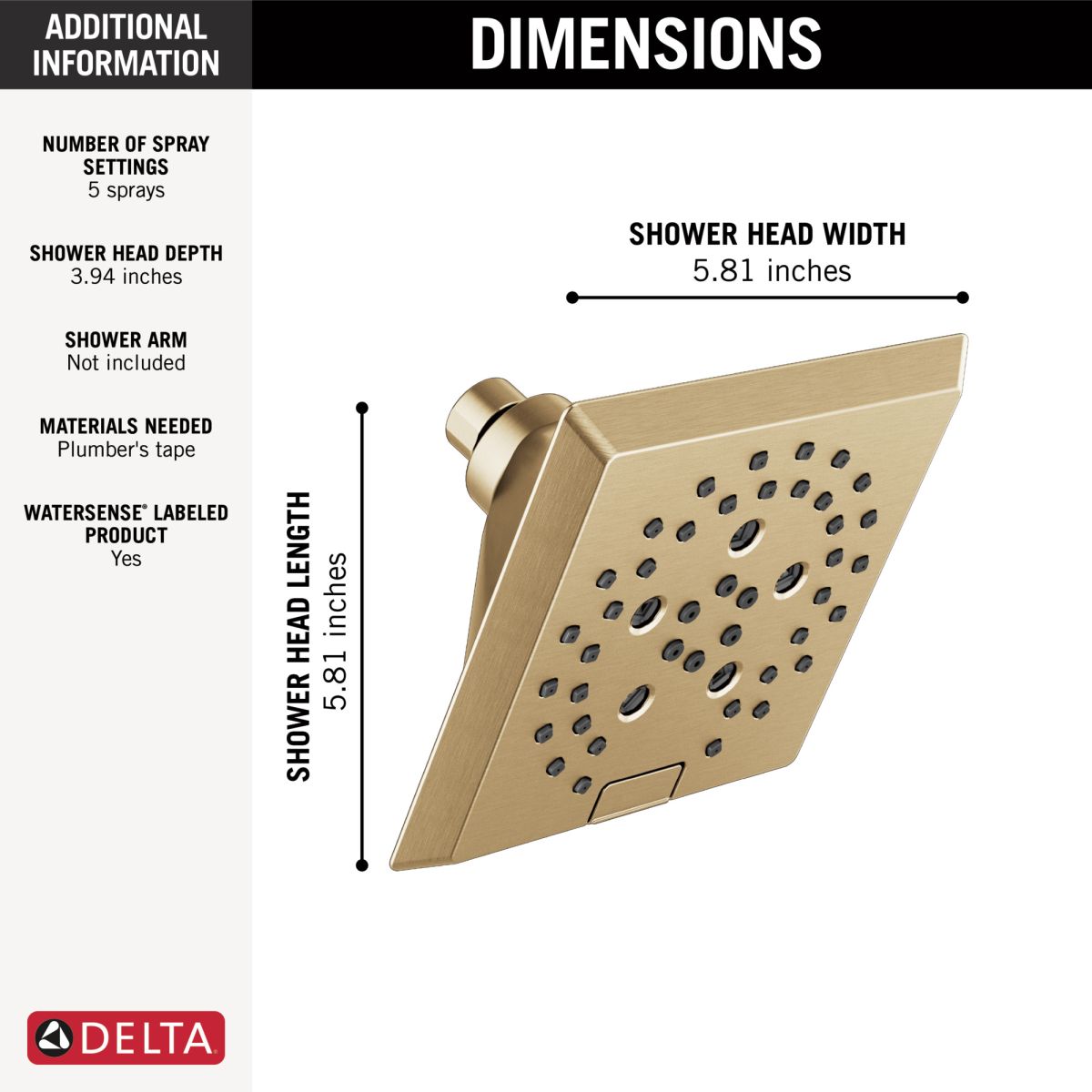 DELTA Universal Showering Components H2OKINETIC 5-Setting Angular Modern Raincan Shower Head — Lumicoat® Champagne Bronze