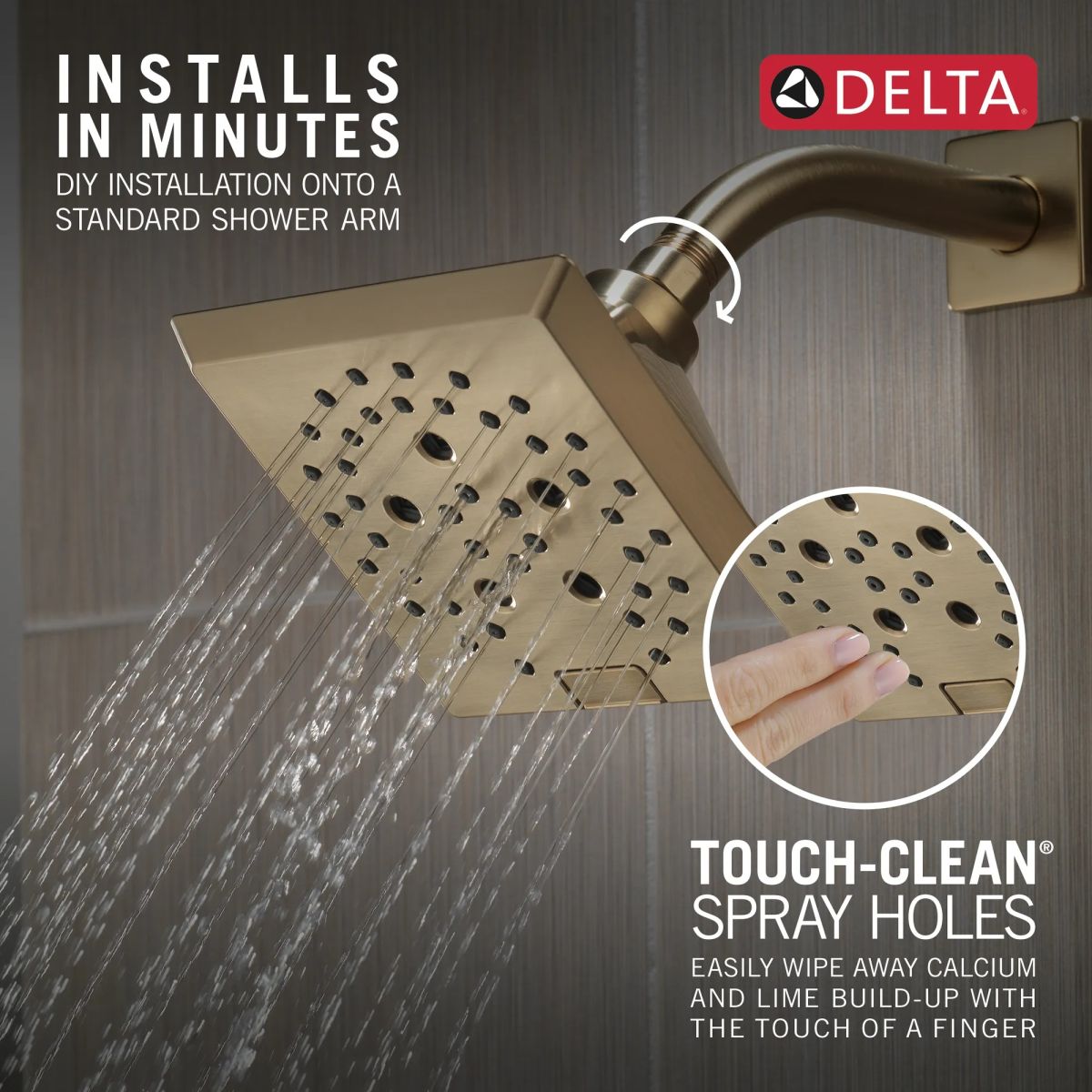 DELTA Universal Showering Components H2OKINETIC 5-Setting Angular Modern Raincan Shower Head — Lumicoat® Champagne Bronze