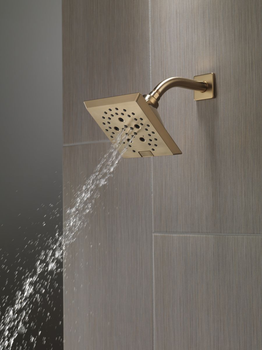 DELTA Universal Showering Components H2OKINETIC 5-Setting Angular Modern Raincan Shower Head — Lumicoat® Champagne Bronze