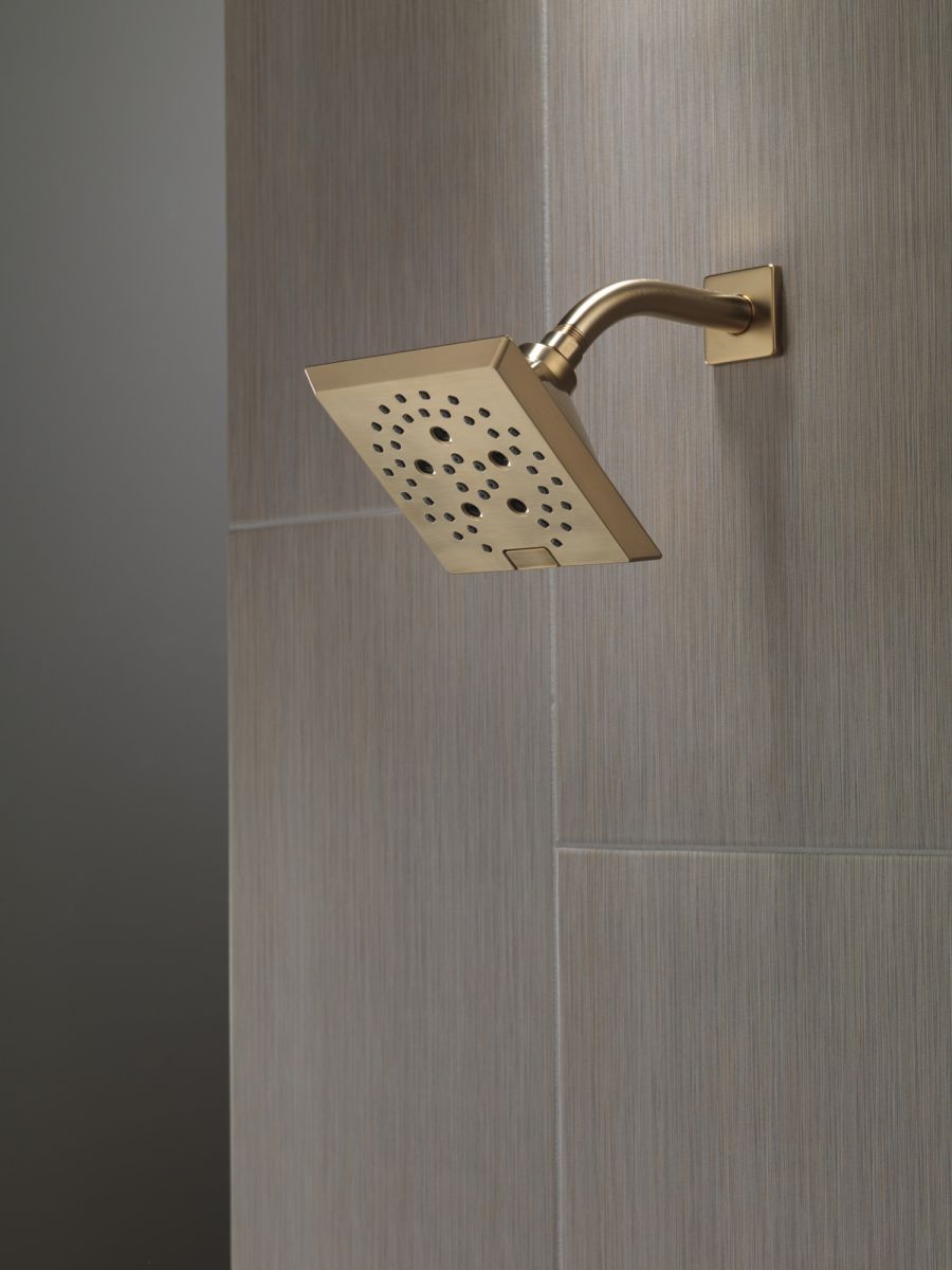 DELTA Universal Showering Components H2OKINETIC 5-Setting Angular Modern Raincan Shower Head — Lumicoat® Champagne Bronze