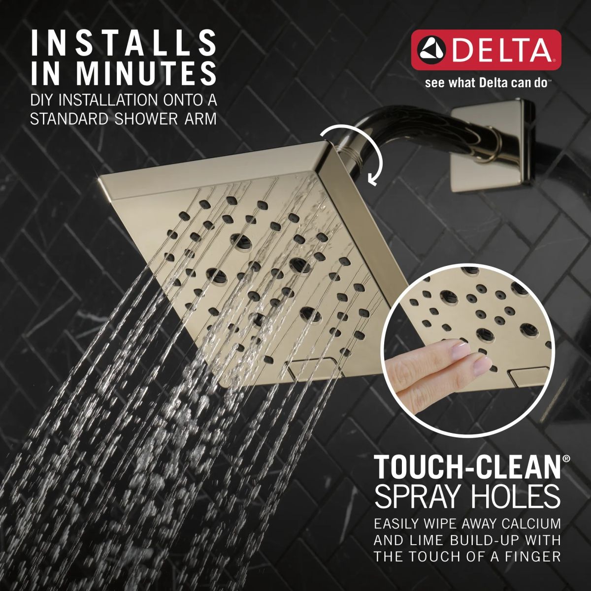 DELTA Universal Showering Components H2OKINETIC 5-Setting Angular Modern Raincan Shower Head — Lumicoat® Polished Nickel