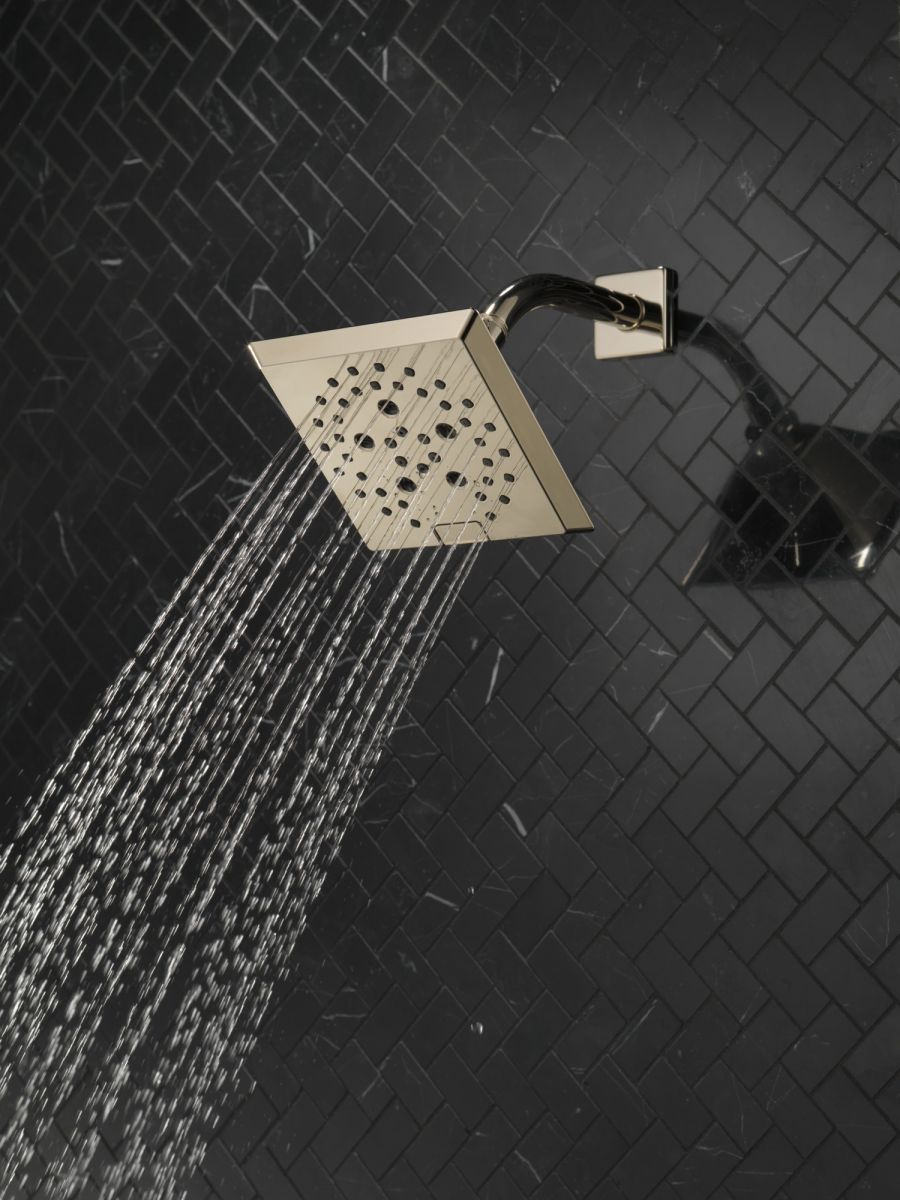 DELTA Universal Showering Components H2OKINETIC 5-Setting Angular Modern Raincan Shower Head — Lumicoat® Polished Nickel