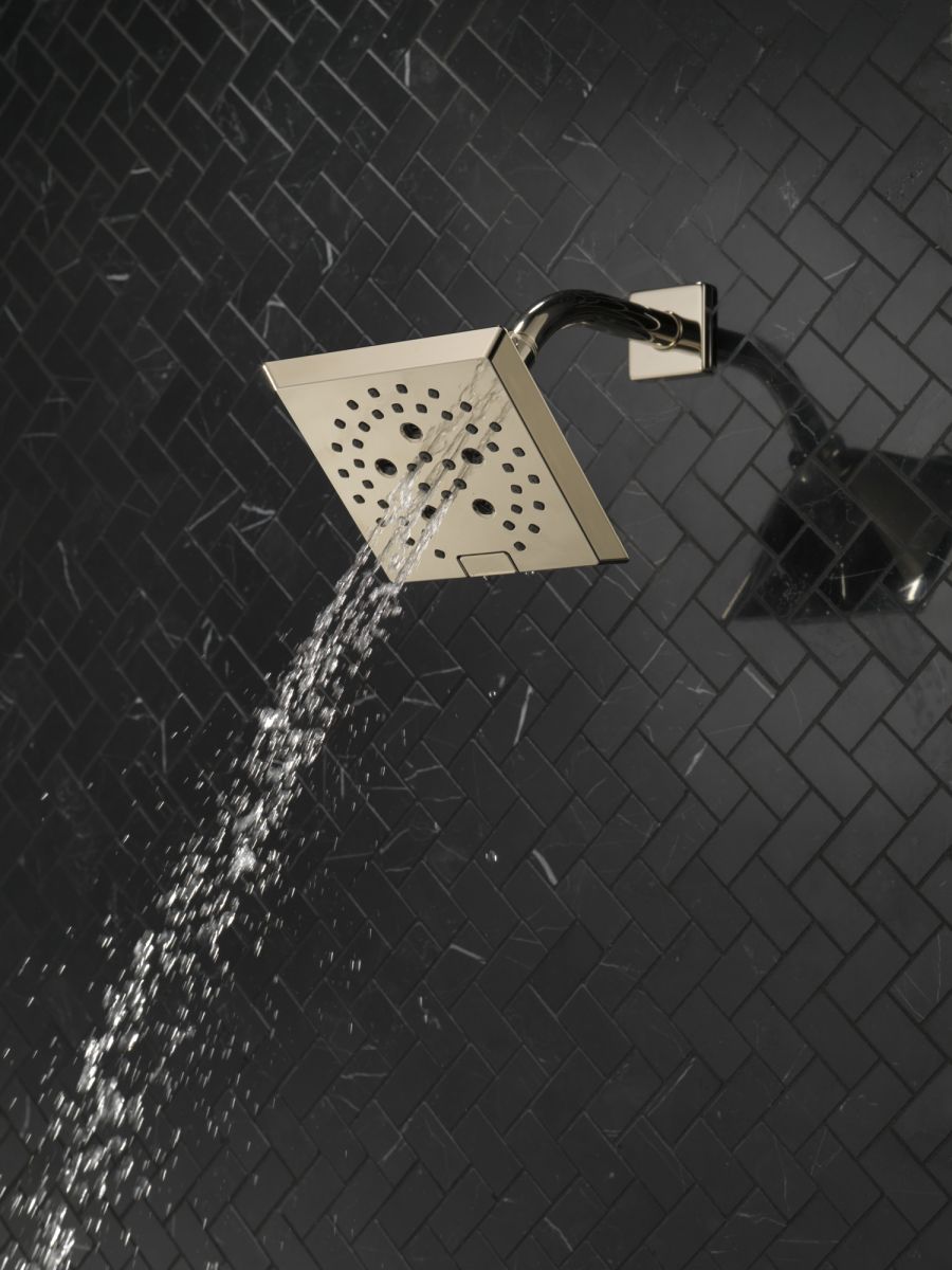 DELTA Universal Showering Components H2OKINETIC 5-Setting Angular Modern Raincan Shower Head — Lumicoat® Polished Nickel