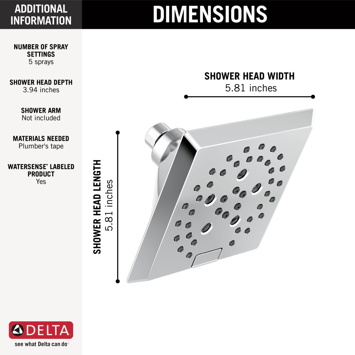 DELTA Universal Showering Components H2OKINETIC 5-Setting Angular Modern Raincan Shower Head — Lumicoat® Chrome
