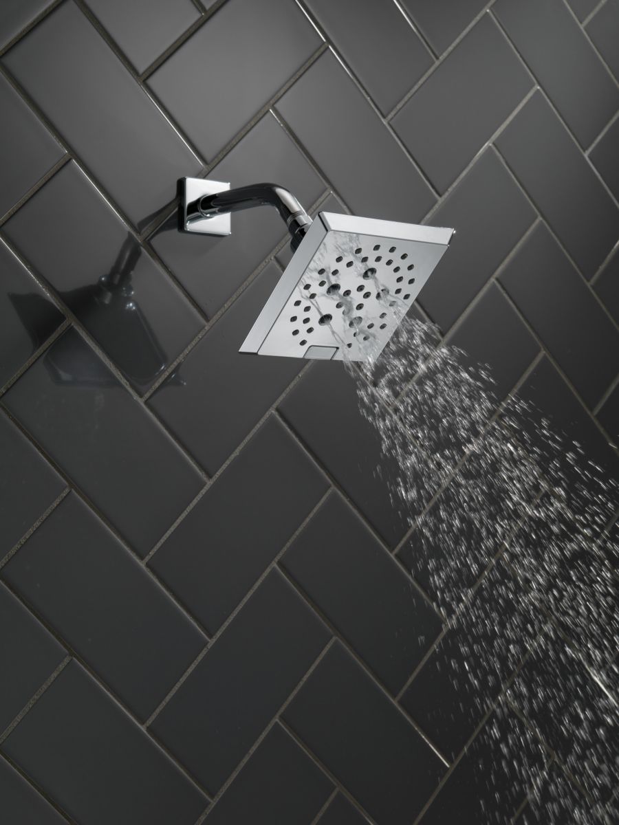 DELTA Universal Showering Components H2OKINETIC 5-Setting Angular Modern Raincan Shower Head — Lumicoat® Chrome