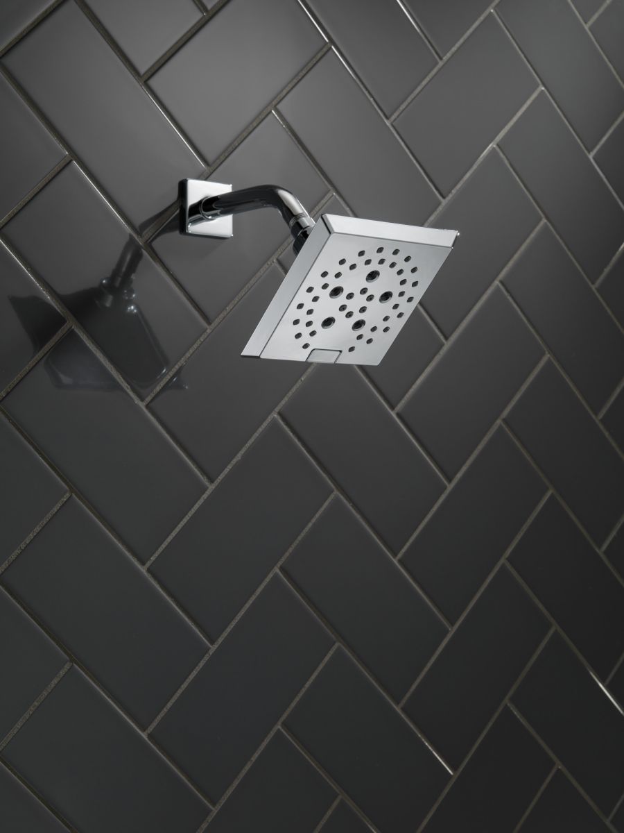 DELTA Universal Showering Components H2OKINETIC 5-Setting Angular Modern Raincan Shower Head — Lumicoat® Chrome